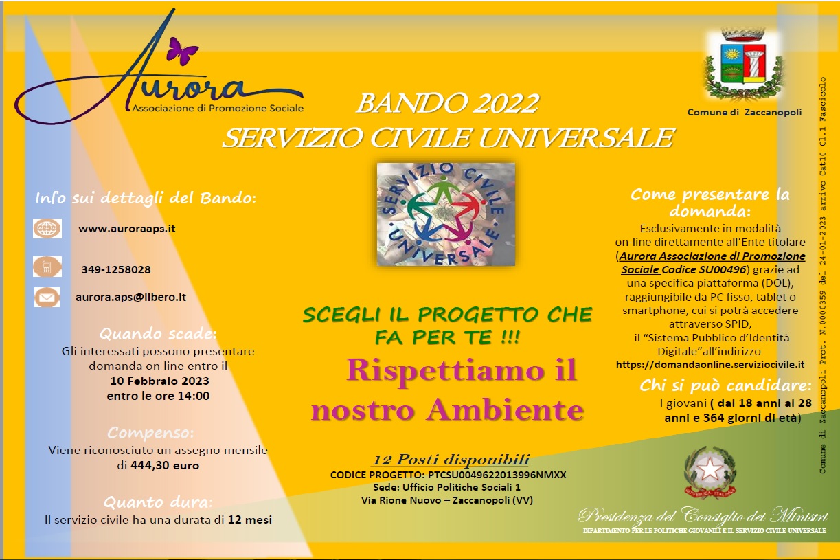 AVVISO BANDO SERVIZIO CIVILE UNIVERSALE